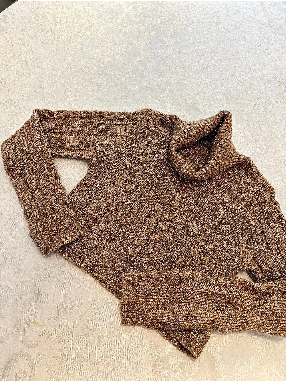PILCRO Shine Cable-Knit Turtleneck Sweater Light Brown Cowl Neck Sweater Size M